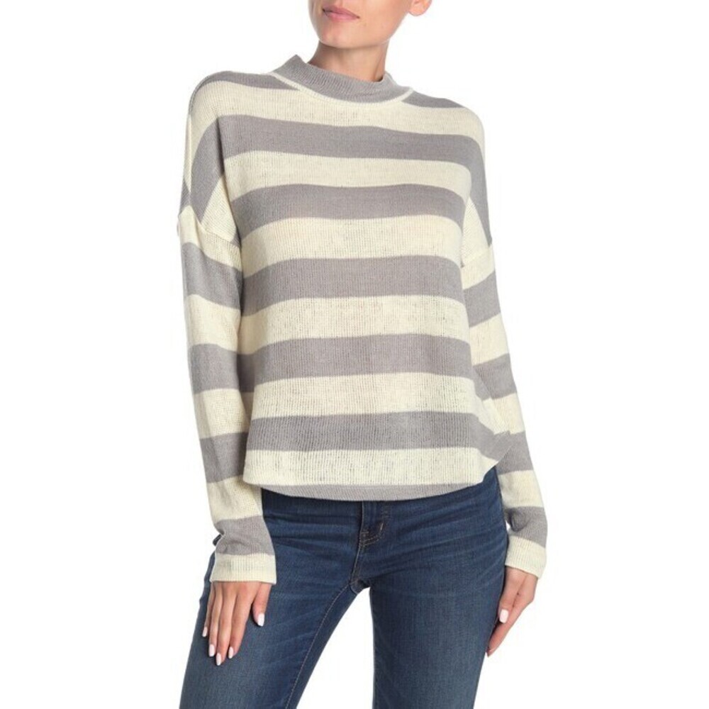 Socialite women's Striped sweater Mock Neck Dolman Sleeve Heather Grey Size XL